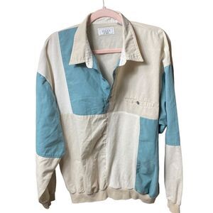 Sears The Mens Store Sz XL Tan Cream Green Commuter Button Jacket Shirt Vintage